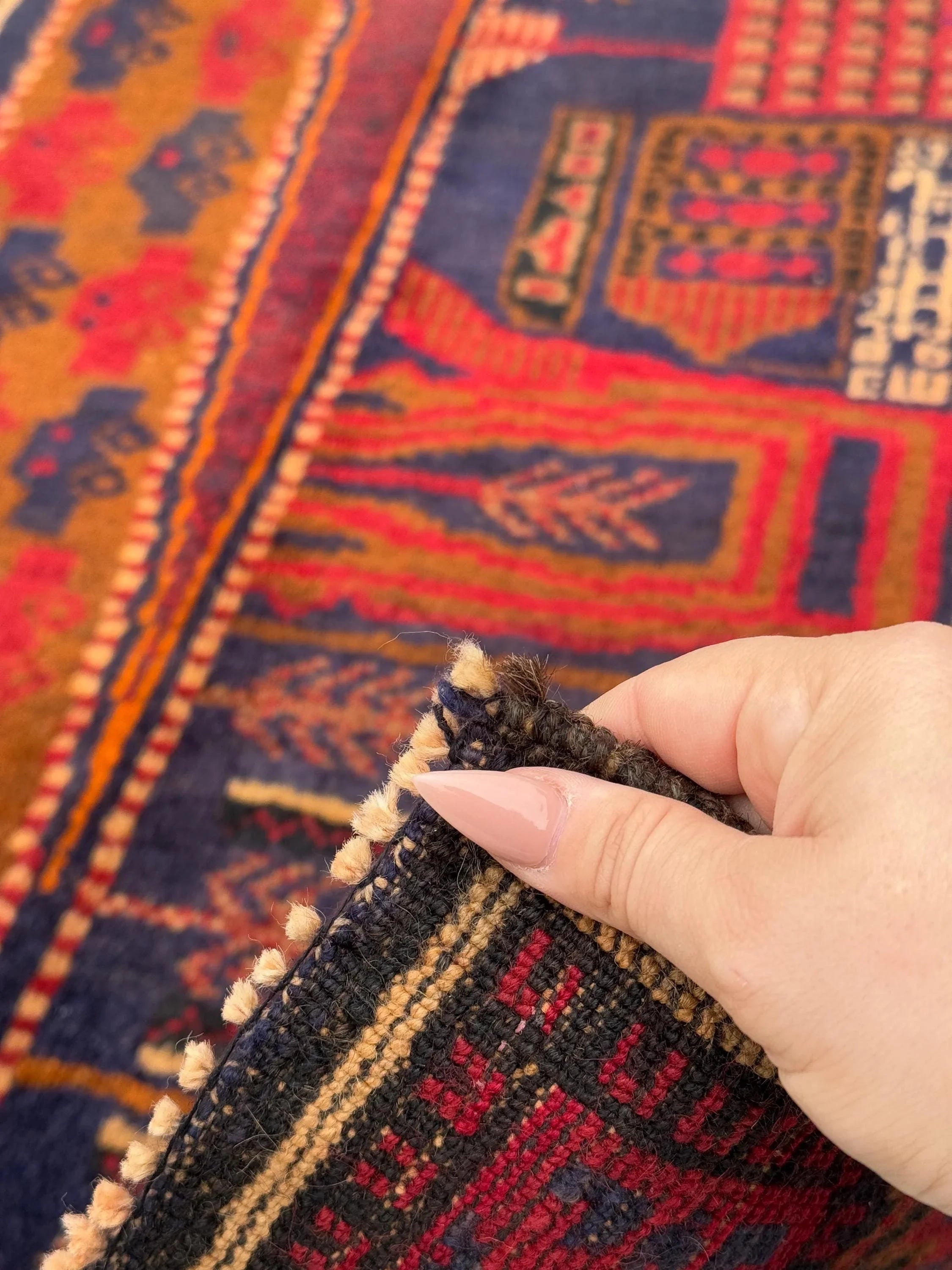 3x5 (91x152) Handmade Vintage Afghan Baluch Rug | Garnet Cherry Crimson Red Navy Midnight Blue Black Caramel Brown Rust Orange Cream | Wool