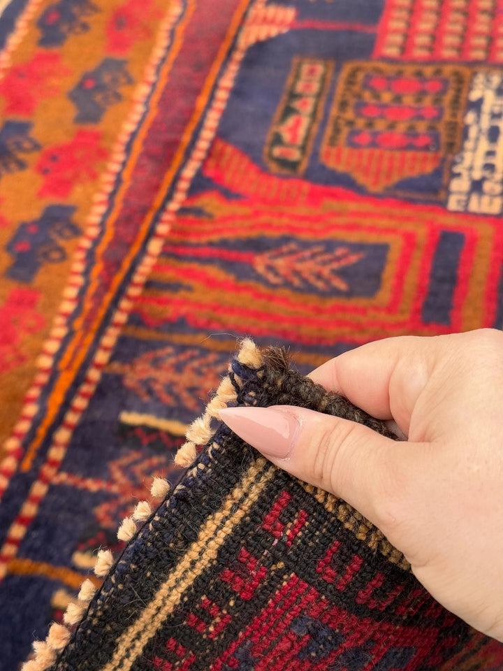 3x5 (91x152) Handmade Vintage Afghan Baluch Rug | Garnet Cherry Crimson Red Navy Midnight Blue Black Caramel Brown Rust Orange Cream | Wool