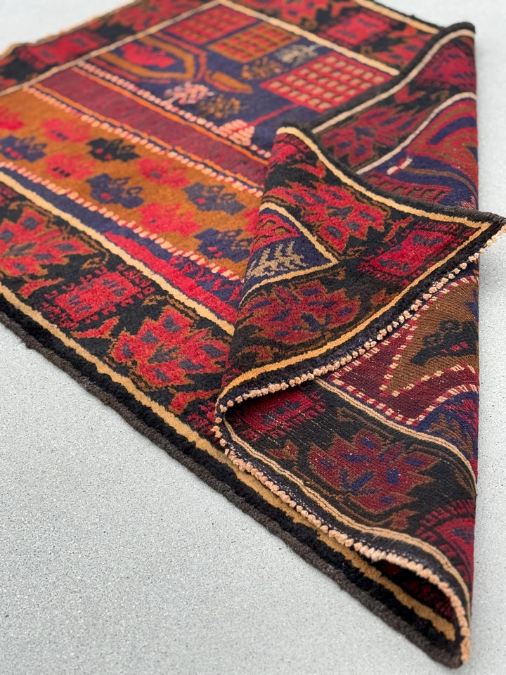 3x5 (91x152) Handmade Vintage Afghan Baluch Rug | Garnet Cherry Crimson Red Navy Midnight Blue Black Caramel Brown Rust Orange Cream | Wool