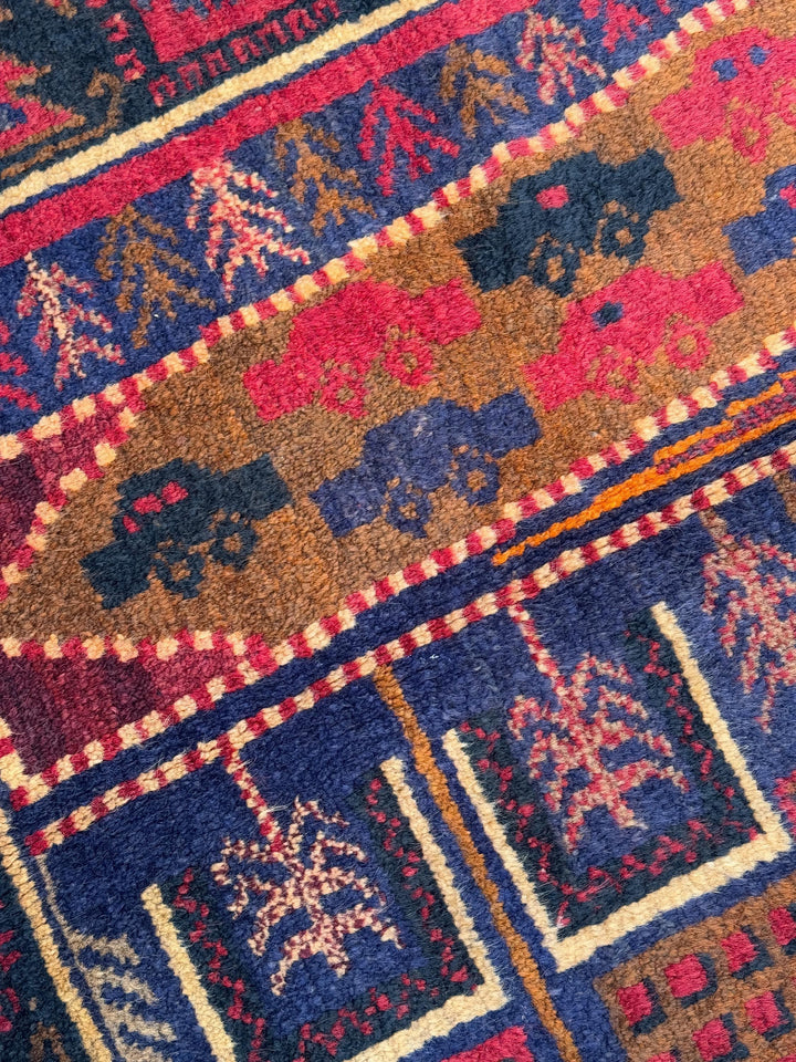 3x5 (91x152) Handmade Vintage Afghan Baluch Rug | Garnet Cherry Crimson Red Navy Midnight Blue Black Caramel Brown Rust Orange Cream | Wool