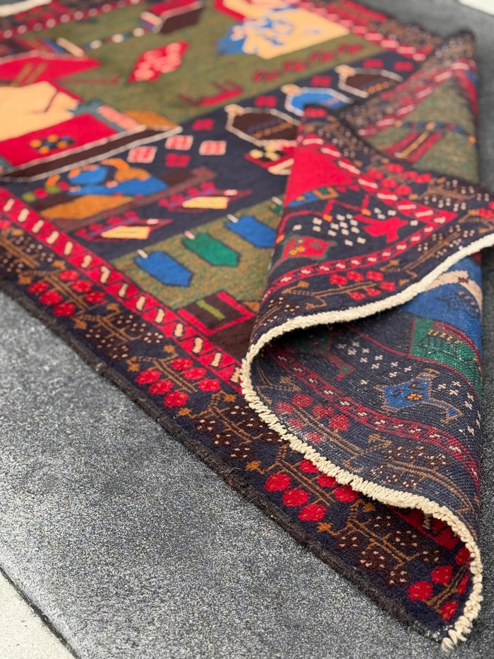 3x5 Handmade Vintage Afghan Baluch Rug Crimson Cherry Red Burgundy Chocolate Brown Royal Midnight Blue Olive Moss Green Cream Caramel Brown