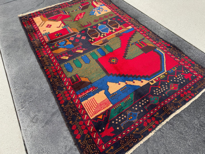 3x5 Handmade Vintage Afghan Baluch Rug Crimson Cherry Red Burgundy Chocolate Brown Royal Midnight Blue Olive Moss Green Cream Caramel Brown
