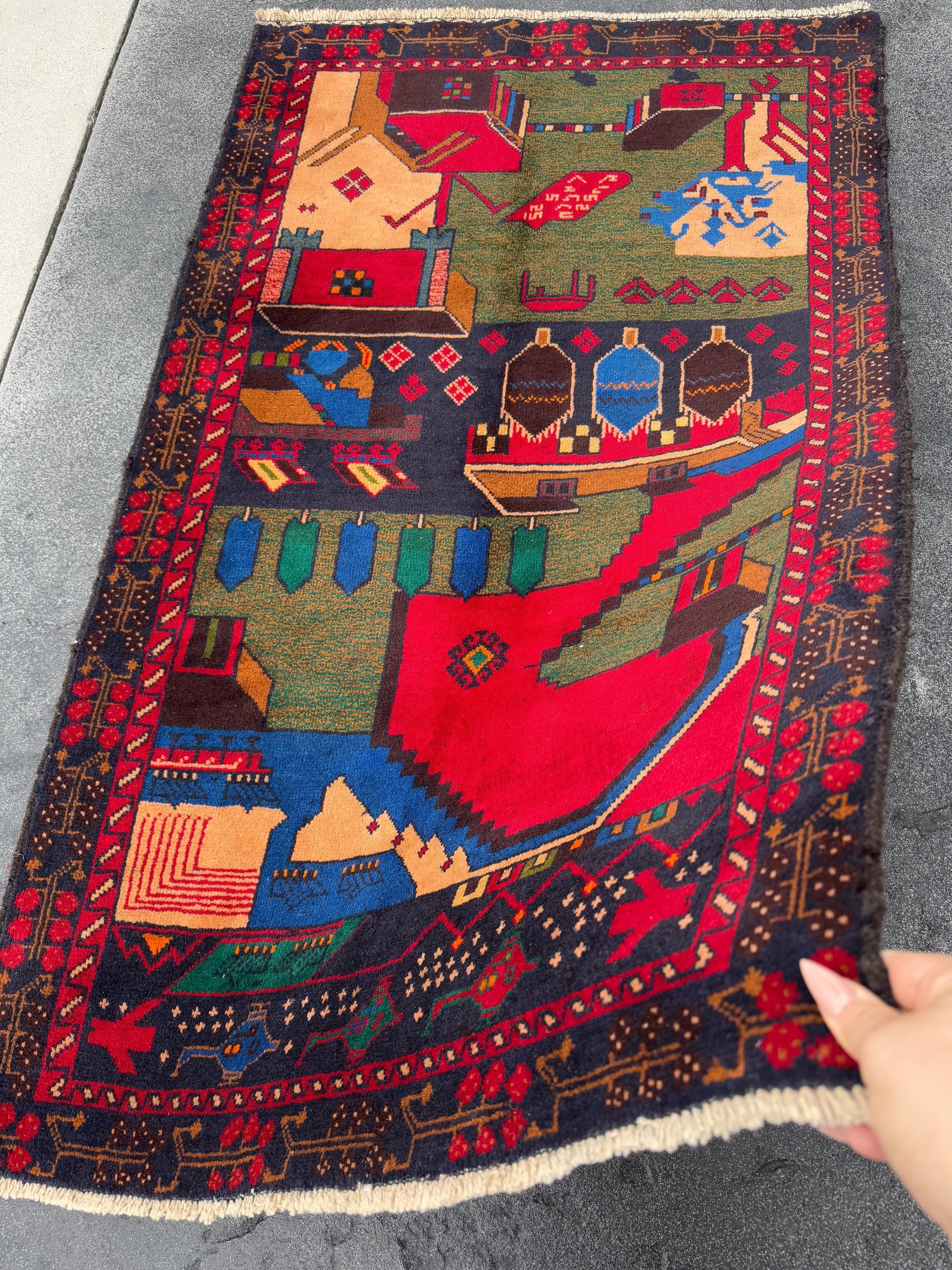 3x5 Handmade Vintage Afghan Baluch Rug Crimson Cherry Red Burgundy Chocolate Brown Royal Midnight Blue Olive Moss Green Cream Caramel Brown