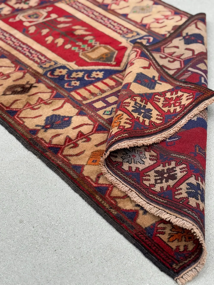 3x5 (91x152) Handmade Vintage Afghan Baluch Rug | Blood Auburn Red Navy Midnight Blue Cream Sand Coffee Brown Maroon Rust Orange Pine Green