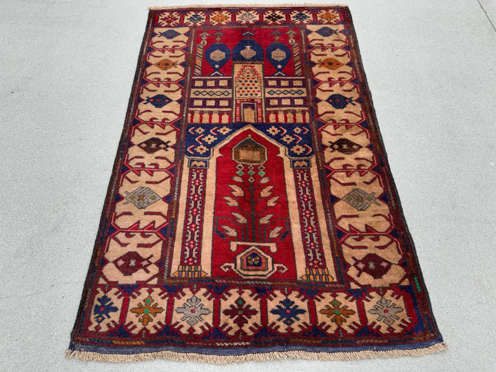 3x5 (91x152) Handmade Vintage Afghan Baluch Rug | Blood Auburn Red Navy Midnight Blue Cream Sand Coffee Brown Maroon Rust Orange Pine Green