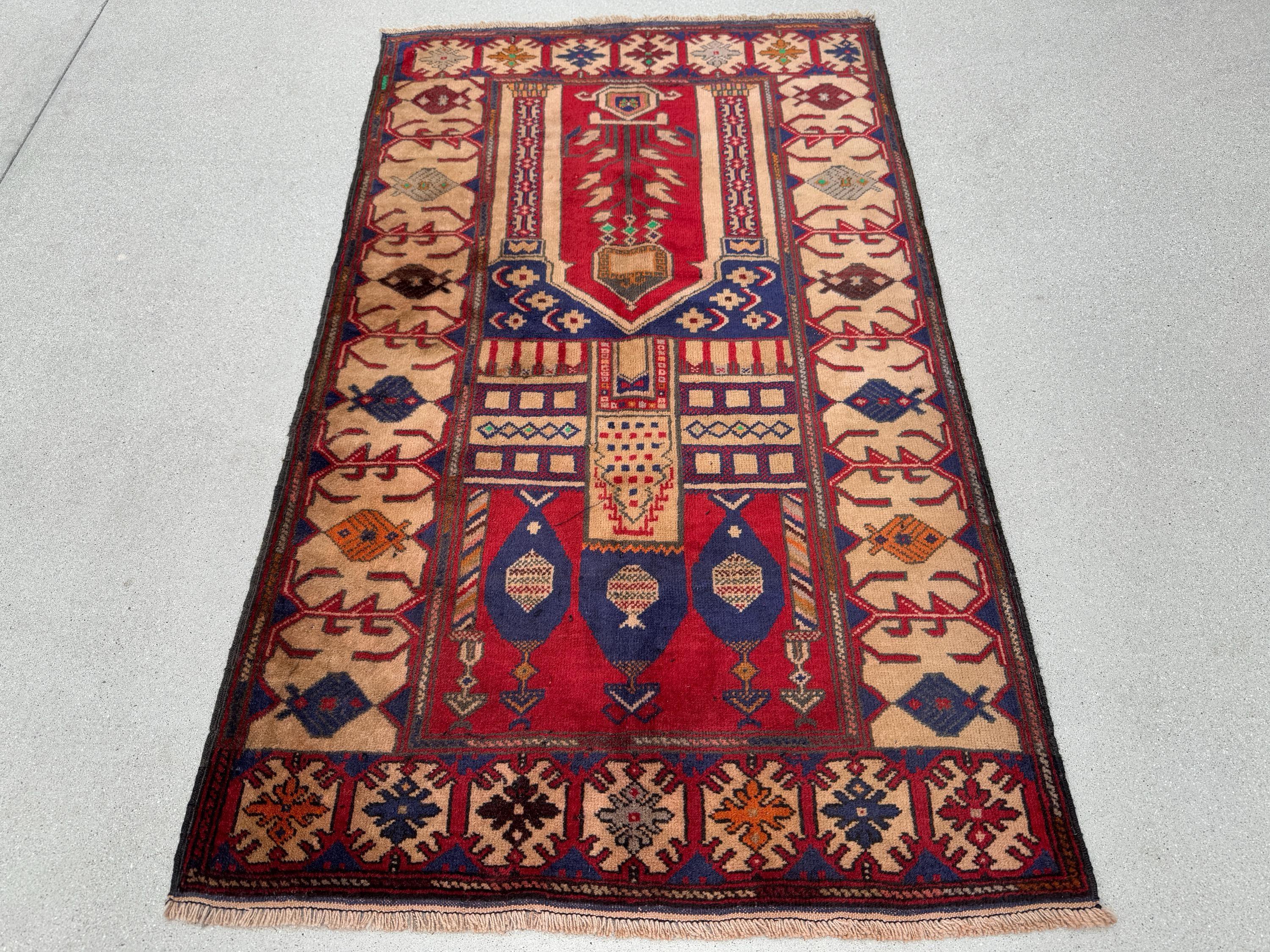 3x5 (91x152) Handmade Vintage Afghan Baluch Rug | Blood Auburn Red Navy Midnight Blue Cream Sand Coffee Brown Maroon Rust Orange Pine Green