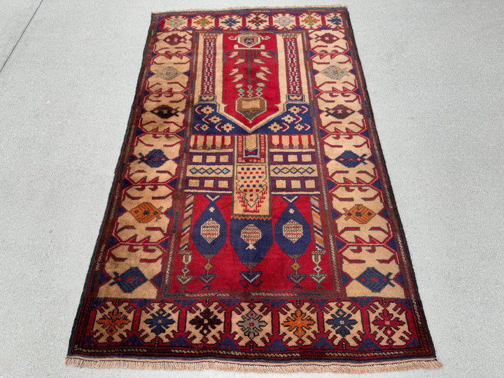 3x5 (91x152) Handmade Vintage Afghan Baluch Rug | Blood Auburn Red Navy Midnight Blue Cream Sand Coffee Brown Maroon Rust Orange Pine Green
