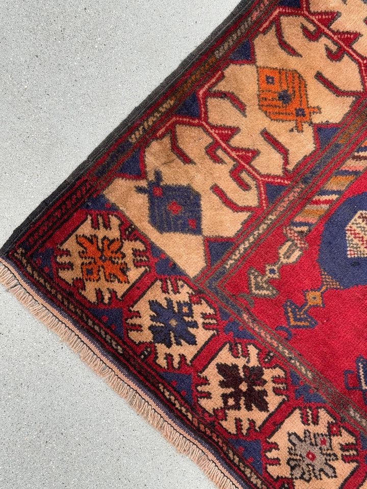 3x5 (91x152) Handmade Vintage Afghan Baluch Rug | Blood Auburn Red Navy Midnight Blue Cream Sand Coffee Brown Maroon Rust Orange Pine Green