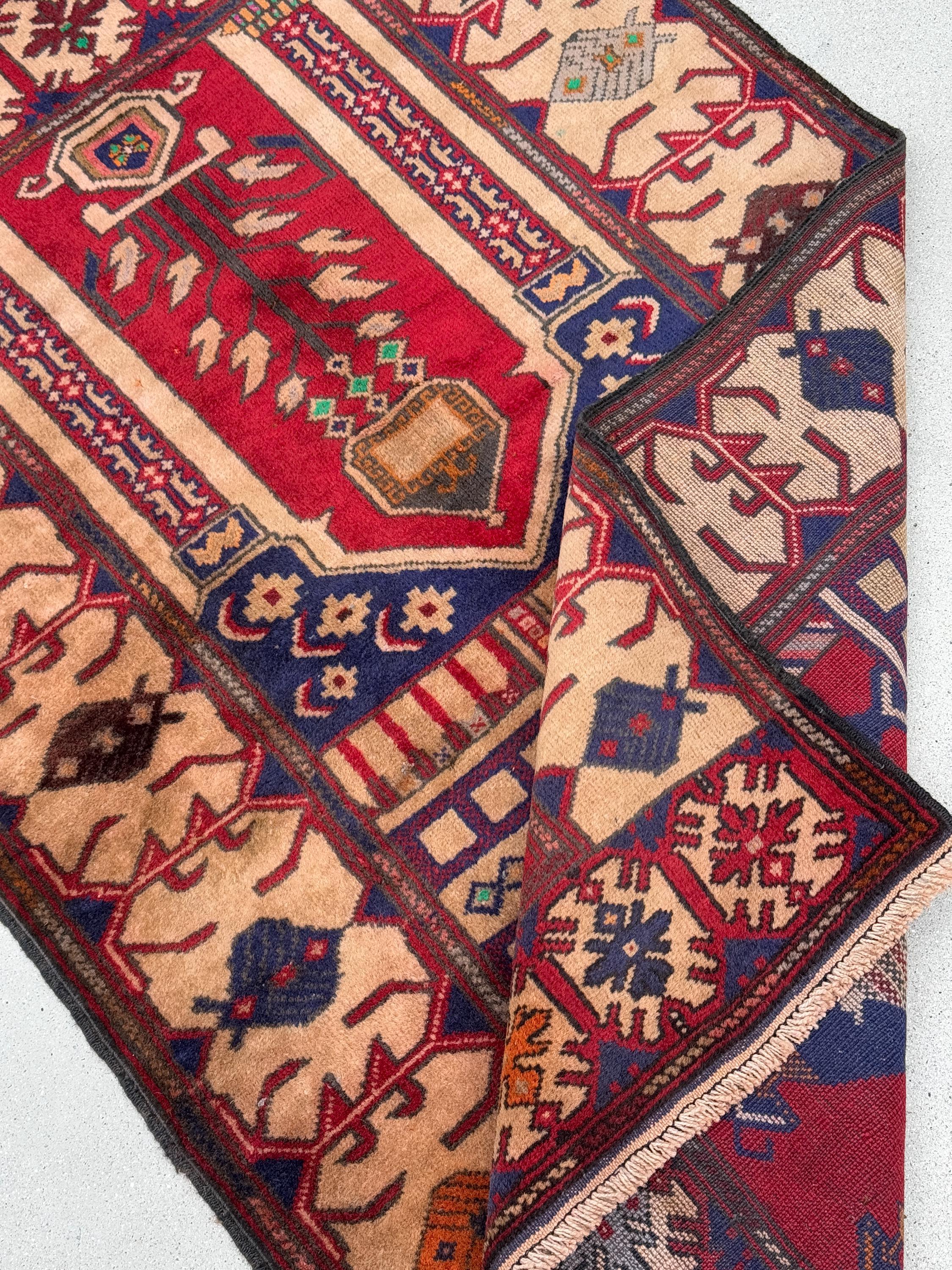3x5 (91x152) Handmade Vintage Afghan Baluch Rug | Blood Auburn Red Navy Midnight Blue Cream Sand Coffee Brown Maroon Rust Orange Pine Green