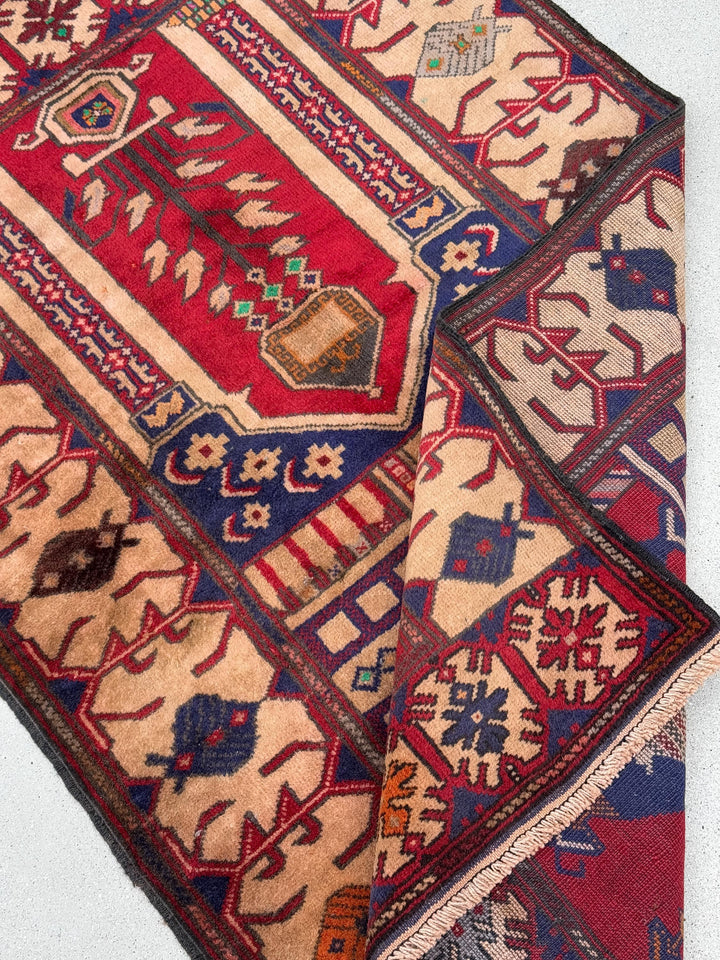 3x5 (91x152) Handmade Vintage Afghan Baluch Rug | Blood Auburn Red Navy Midnight Blue Cream Sand Coffee Brown Maroon Rust Orange Pine Green