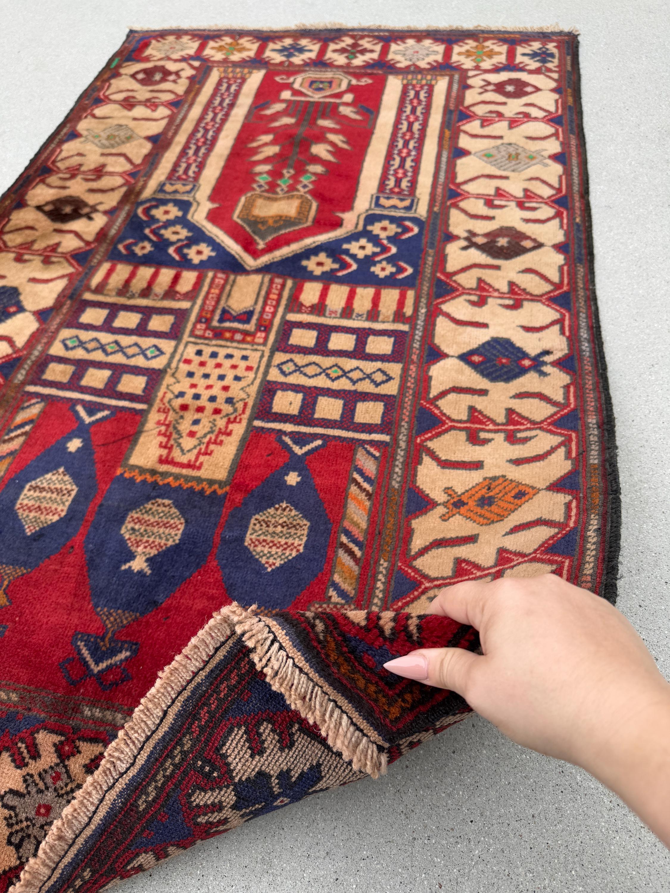 3x5 (91x152) Handmade Vintage Afghan Baluch Rug | Blood Auburn Red Navy Midnight Blue Cream Sand Coffee Brown Maroon Rust Orange Pine Green