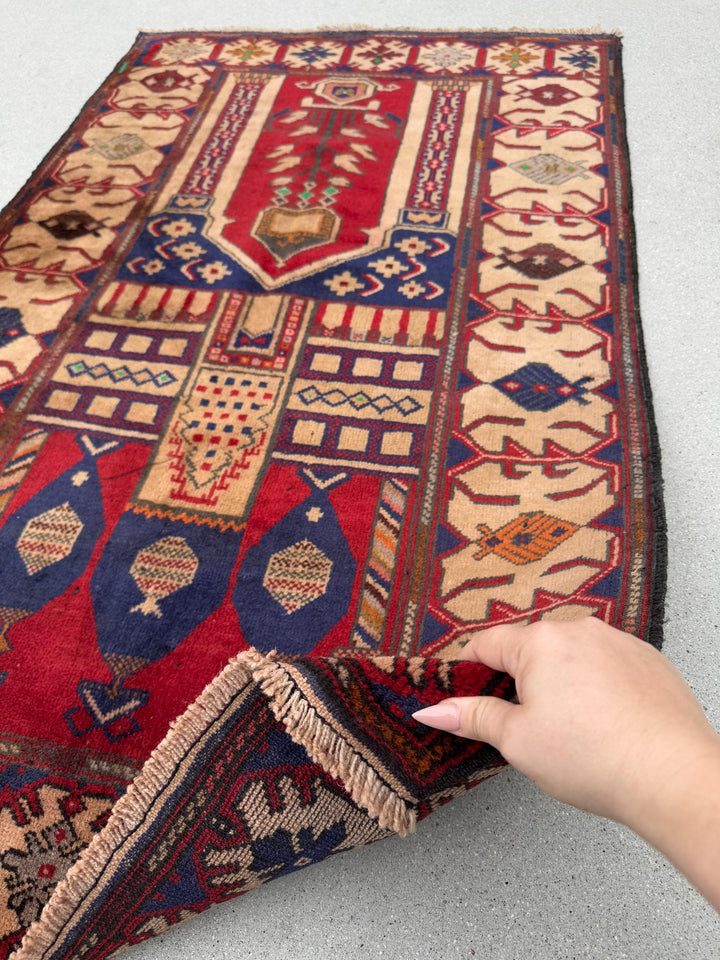 3x5 (91x152) Handmade Vintage Afghan Baluch Rug | Blood Auburn Red Navy Midnight Blue Cream Sand Coffee Brown Maroon Rust Orange Pine Green