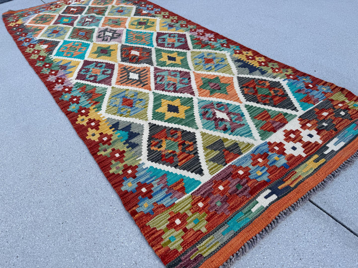 3x7 (88x218) Handmade Afghan Kilim Runner Rug | Brick Red Burnt Orange Charcoal Grey Denim Sky Blue Cornsilk Olive Yellow Purple Lilac