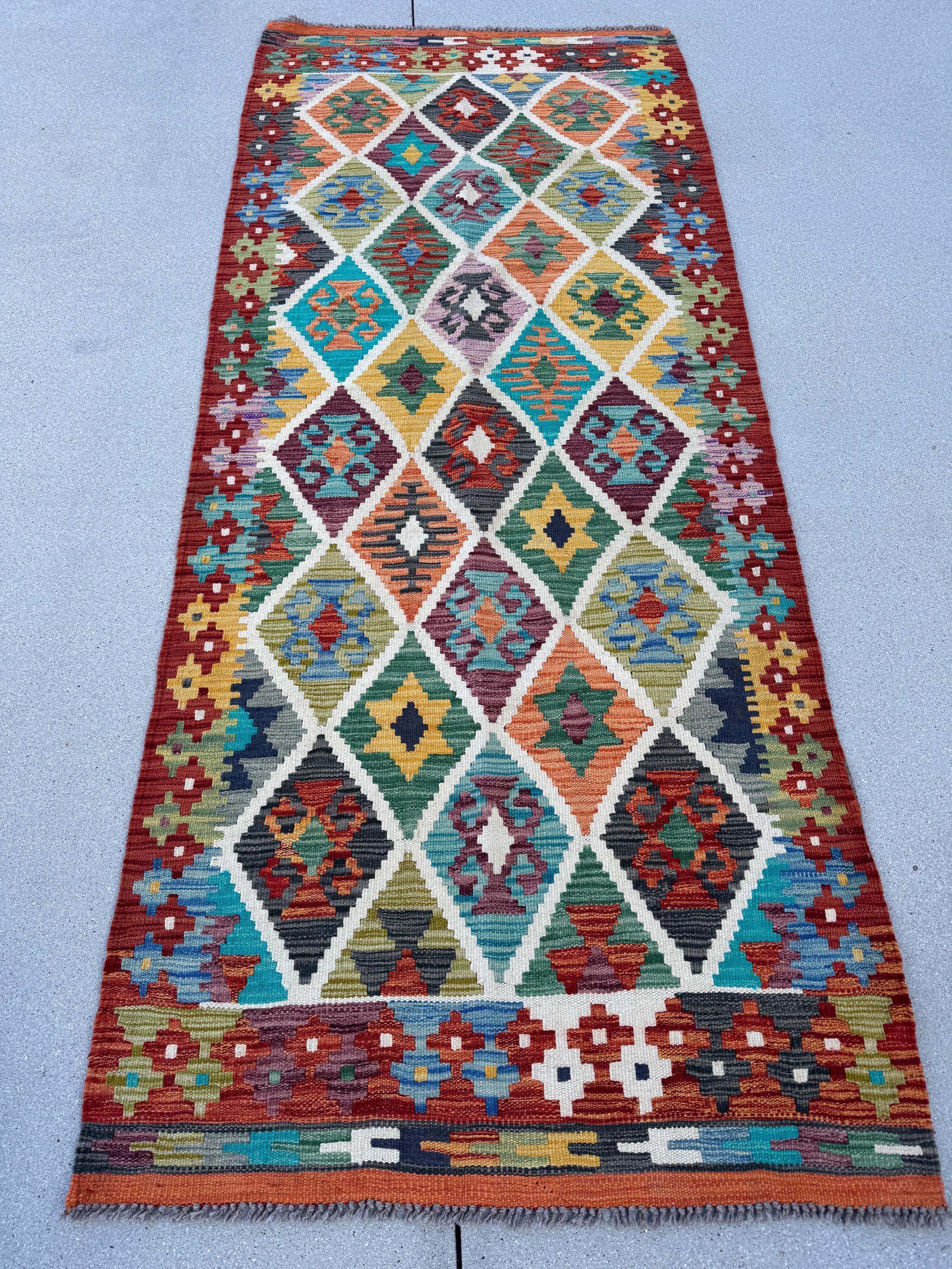 3x7 (88x218) Handmade Afghan Kilim Runner Rug | Brick Red Burnt Orange Charcoal Grey Denim Sky Blue Cornsilk Olive Yellow Purple Lilac