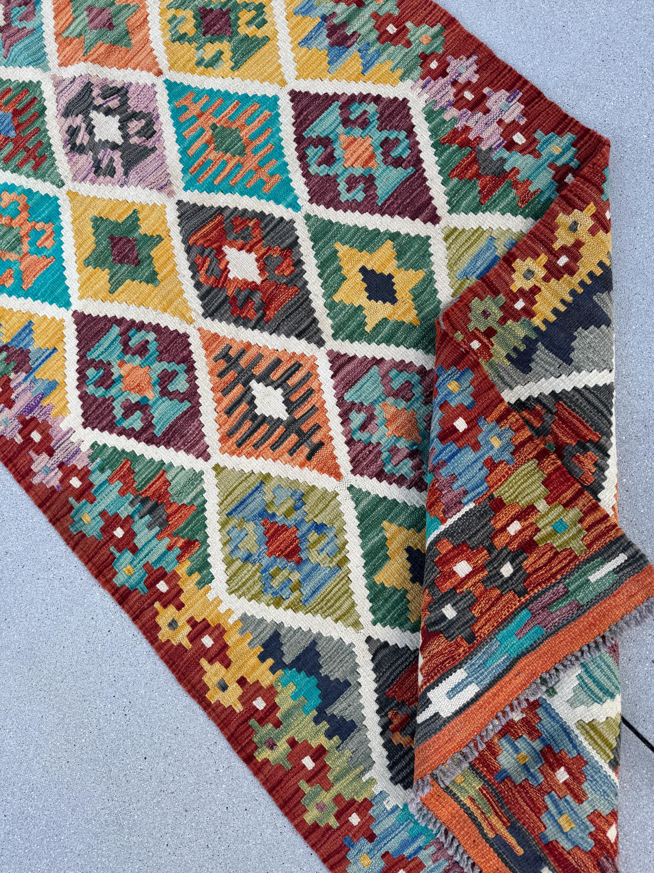 3x7 (88x218) Handmade Afghan Kilim Runner Rug | Brick Red Burnt Orange Charcoal Grey Denim Sky Blue Cornsilk Olive Yellow Purple Lilac