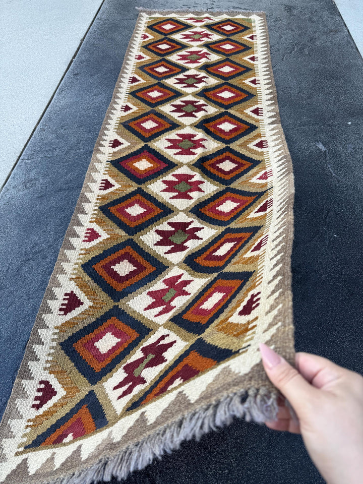 3x7 (63x200) Handmade Afghan Kilim Runner Rug | Cream Ivory Maroon Blood Red Auburn Charcoal Grey Olive Green Carmel Brown Tan Orange Black