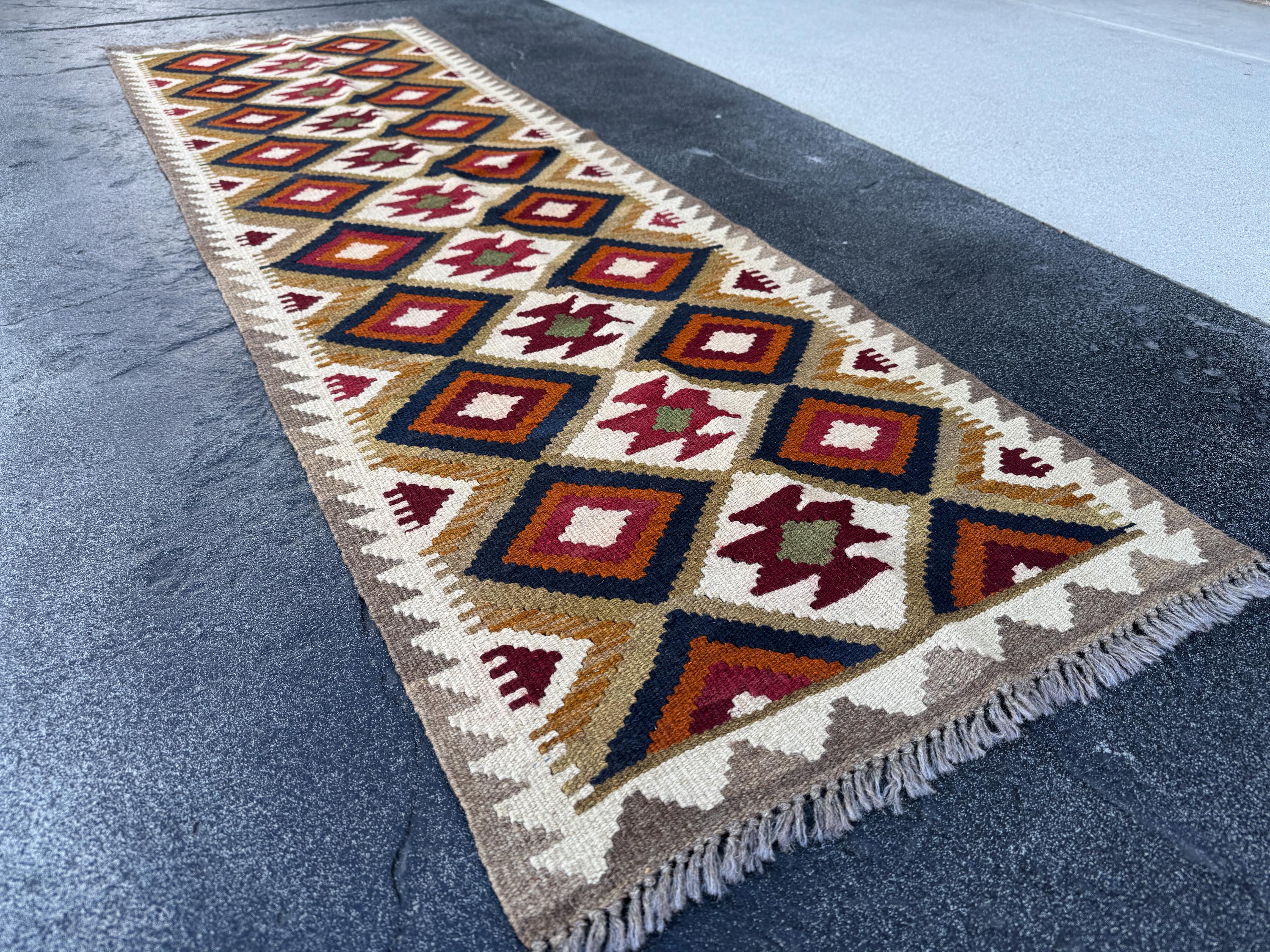 3x7 (63x200) Handmade Afghan Kilim Runner Rug | Cream Ivory Maroon Blood Red Auburn Charcoal Grey Olive Green Carmel Brown Tan Orange Black