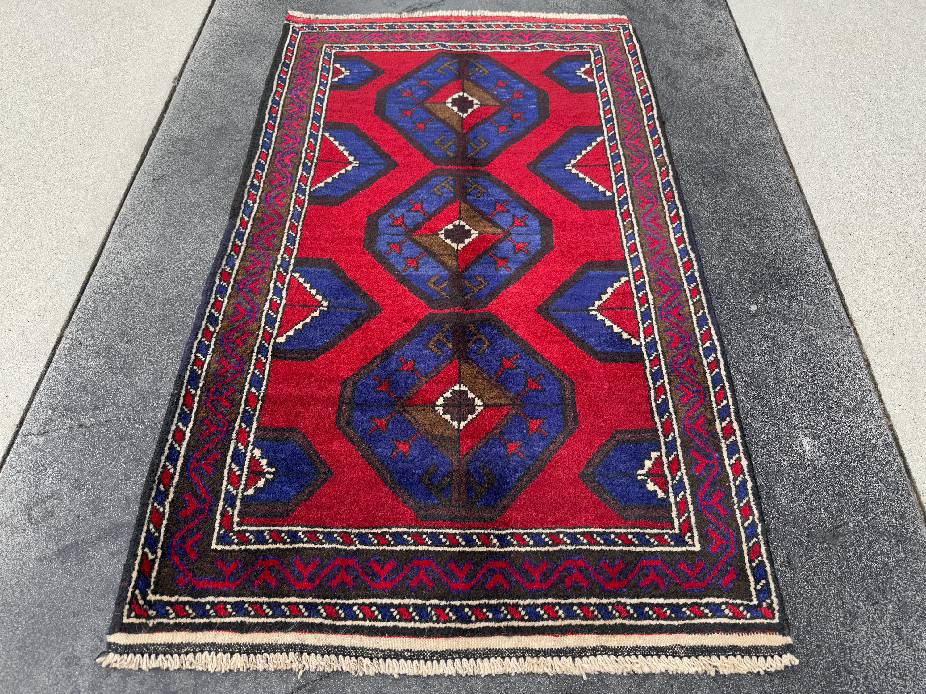 3x4-5 (91x152) Handmade Vintage Afghan Baluch Rug | Crimson Red Royal Blue Cream White Ivory Caramel Espresso Brown Black | Wool Geometric