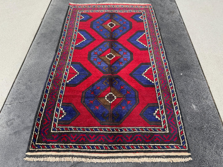 3x4-5 (91x152) Handmade Vintage Afghan Baluch Rug | Crimson Red Royal Blue Cream White Ivory Caramel Espresso Brown Black | Wool Geometric