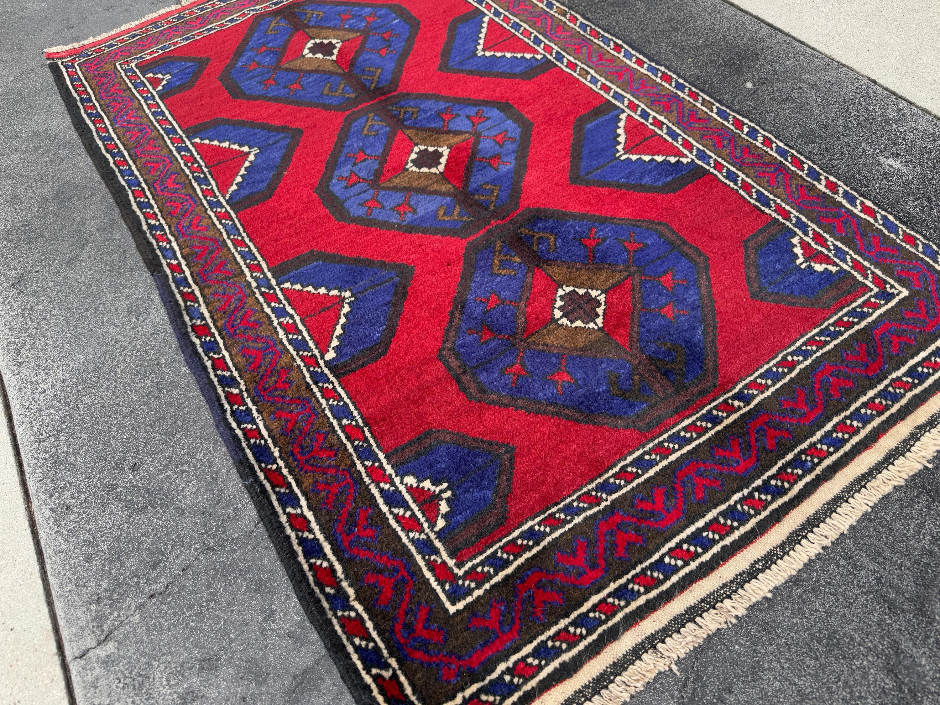 3x4-5 (91x152) Handmade Vintage Afghan Baluch Rug | Crimson Red Royal Blue Cream White Ivory Caramel Espresso Brown Black | Wool Geometric