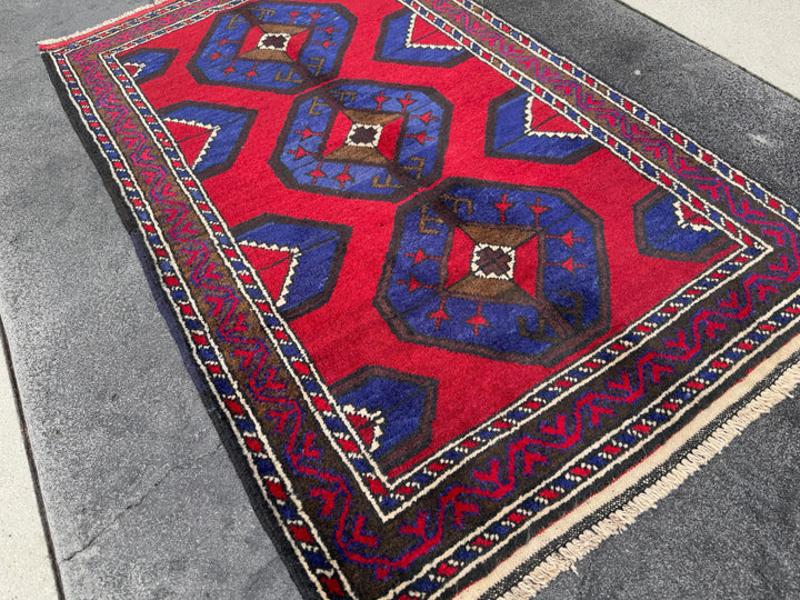 3x4-5 (91x152) Handmade Vintage Afghan Baluch Rug | Crimson Red Royal Blue Cream White Ivory Caramel Espresso Brown Black | Wool Geometric