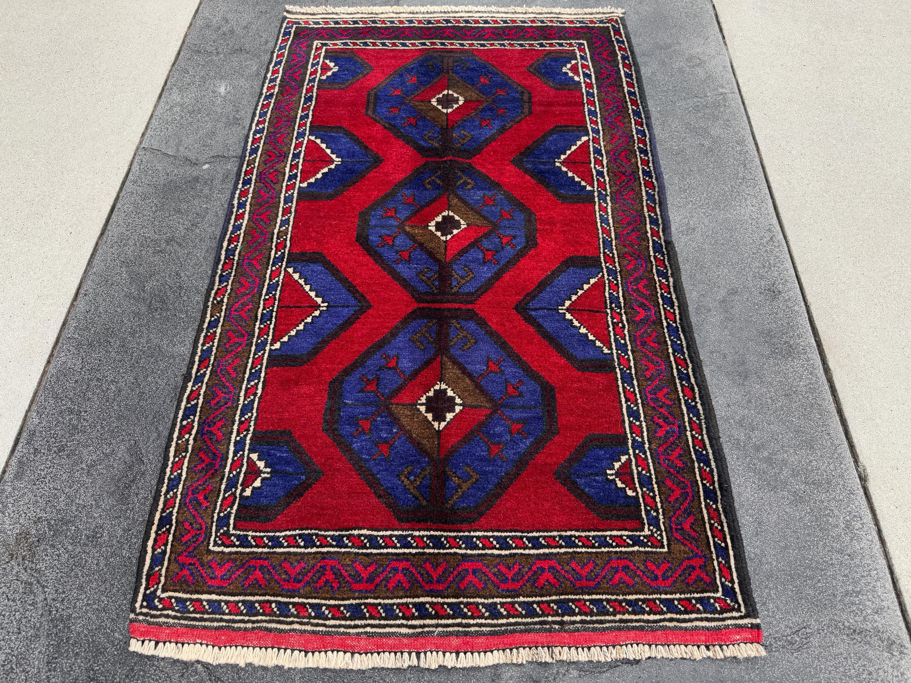 3x4-5 (91x152) Handmade Vintage Afghan Baluch Rug | Crimson Red Royal Blue Cream White Ivory Caramel Espresso Brown Black | Wool Geometric