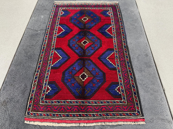 3x4-5 (91x152) Handmade Vintage Afghan Baluch Rug | Crimson Red Royal Blue Cream White Ivory Caramel Espresso Brown Black | Wool Geometric