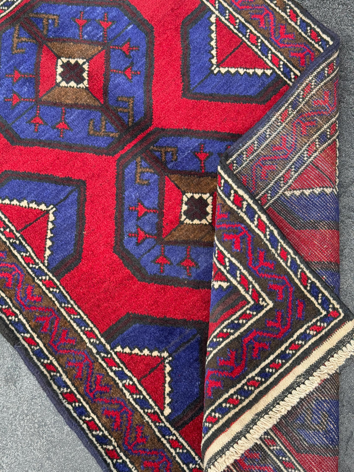 3x4-5 (91x152) Handmade Vintage Afghan Baluch Rug | Crimson Red Royal Blue Cream White Ivory Caramel Espresso Brown Black | Wool Geometric