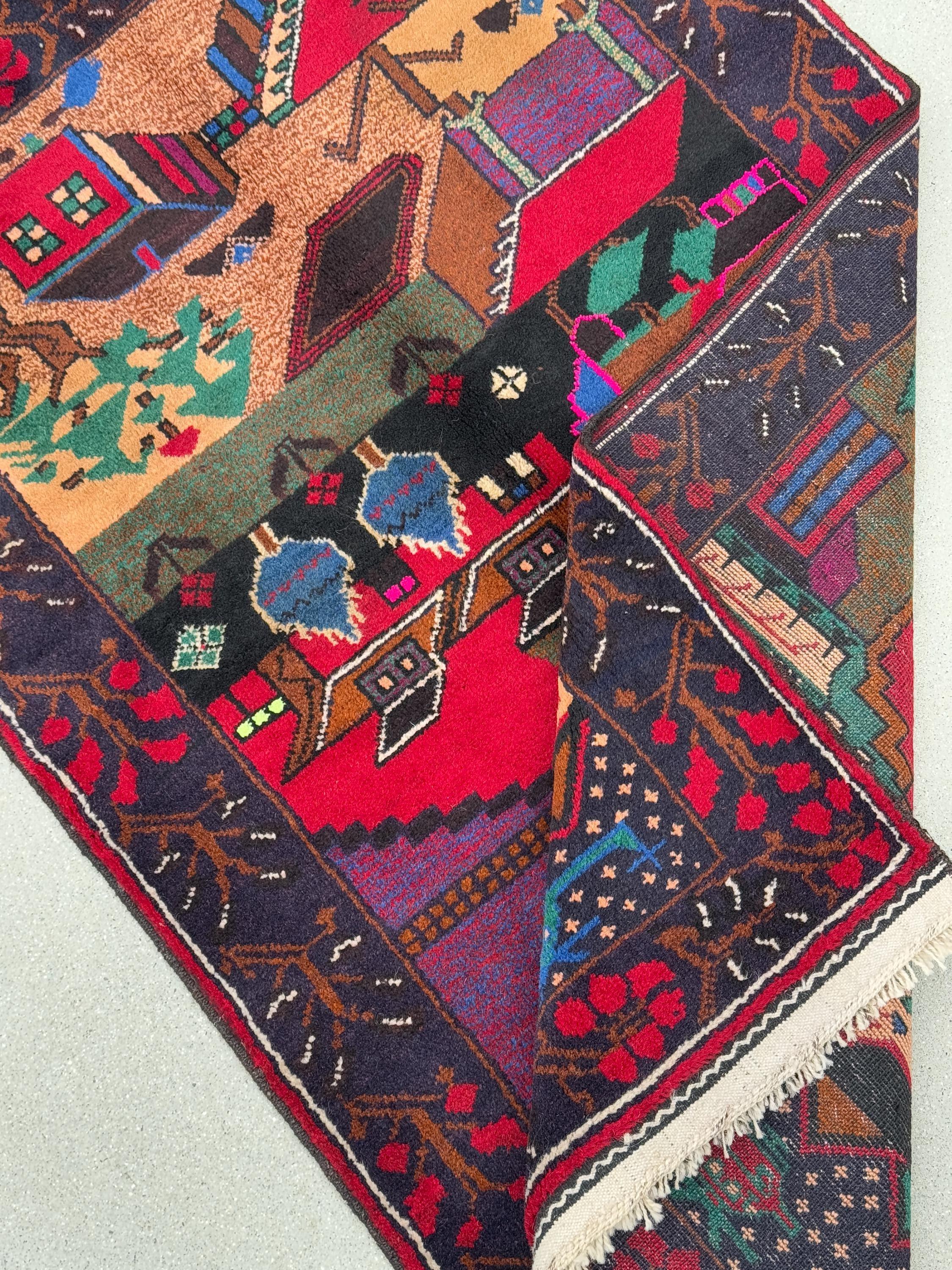 3x5 Handmade Vintage Afghan Baluch Rug | Midnight Royal Denim Blue Crimson Red Purple Forest Green Coral Saffron Orange Salmon Fuchsia Pink