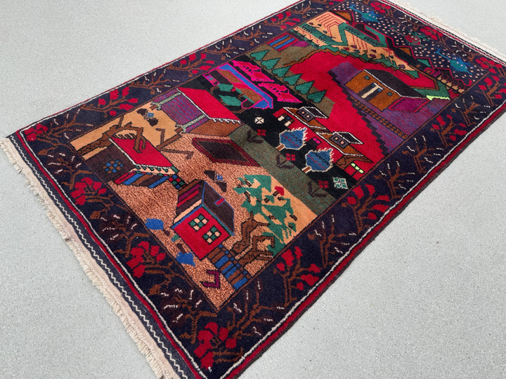 3x5 Handmade Vintage Afghan Baluch Rug | Midnight Royal Denim Blue Crimson Red Purple Forest Green Coral Saffron Orange Salmon Fuchsia Pink
