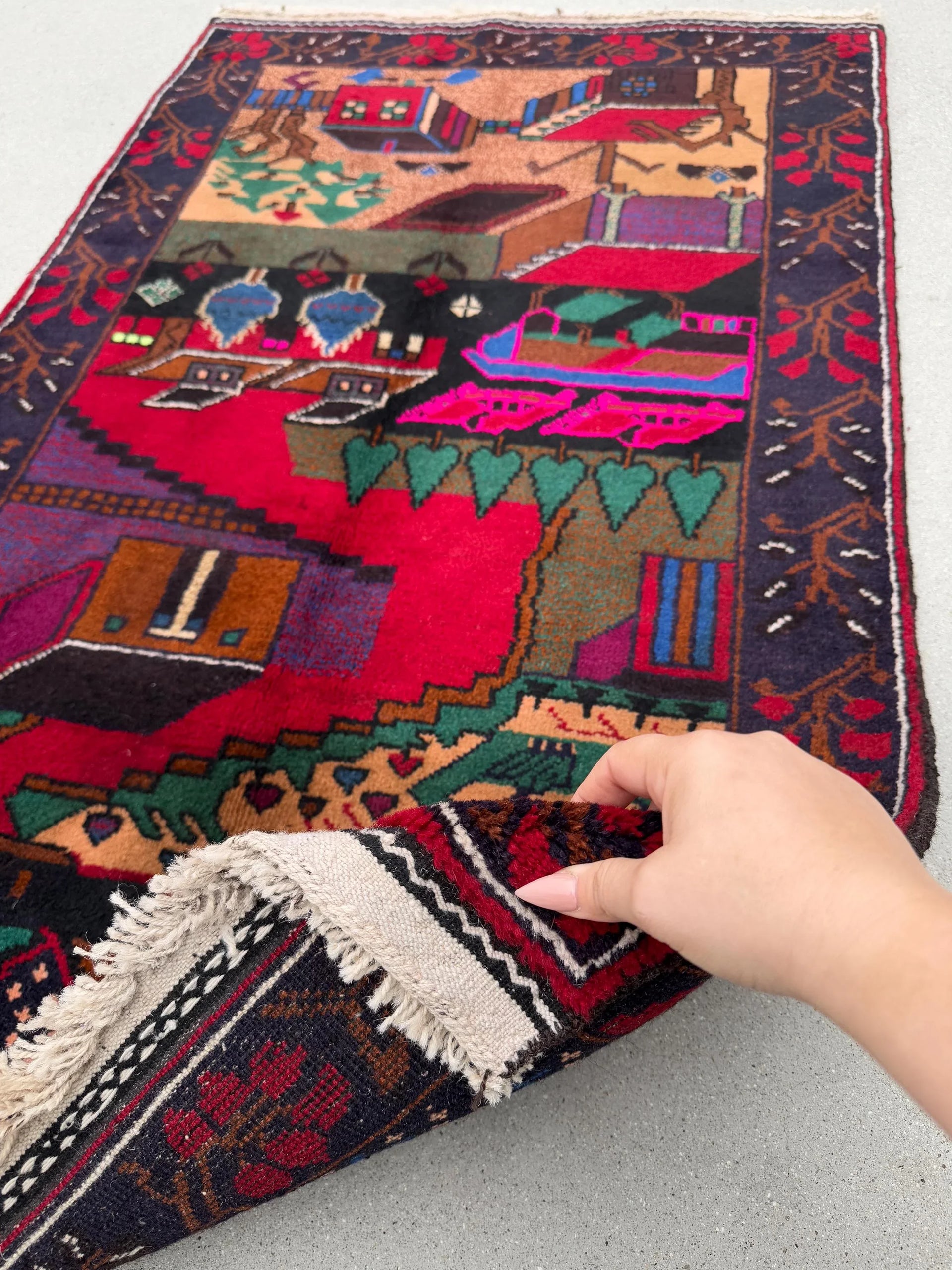 3x5 Handmade Vintage Afghan Baluch Rug | Midnight Royal Denim Blue Crimson Red Purple Forest Green Coral Saffron Orange Salmon Fuchsia Pink