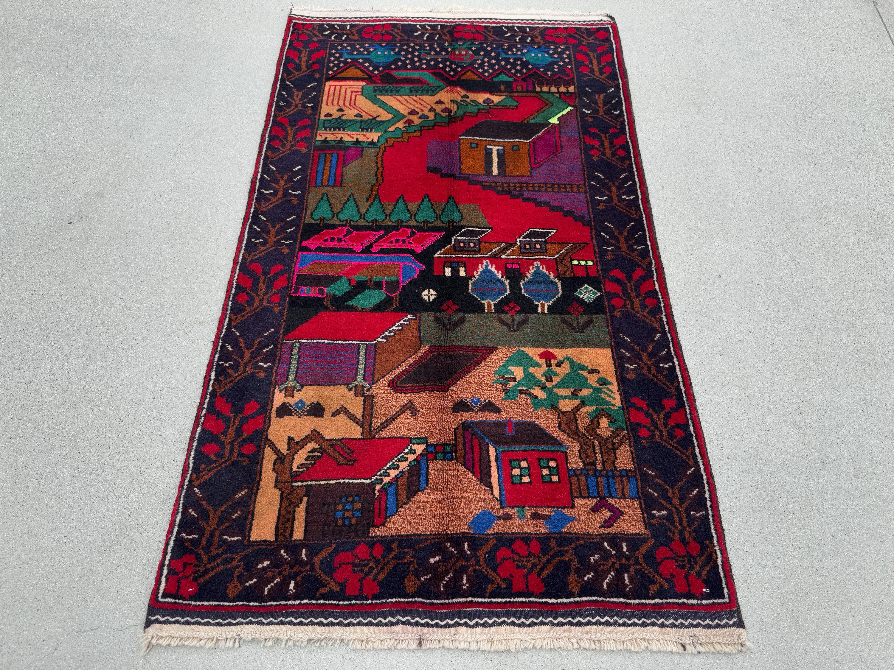 3x5 Handmade Vintage Afghan Baluch Rug | Midnight Royal Denim Blue Crimson Red Purple Forest Green Coral Saffron Orange Salmon Fuchsia Pink