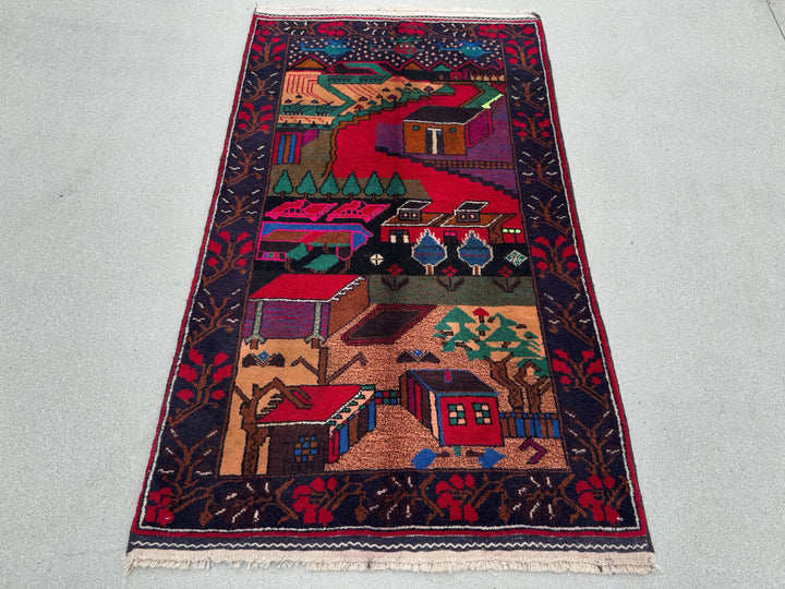 3x5 Handmade Vintage Afghan Baluch Rug | Midnight Royal Denim Blue Crimson Red Purple Forest Green Coral Saffron Orange Salmon Fuchsia Pink