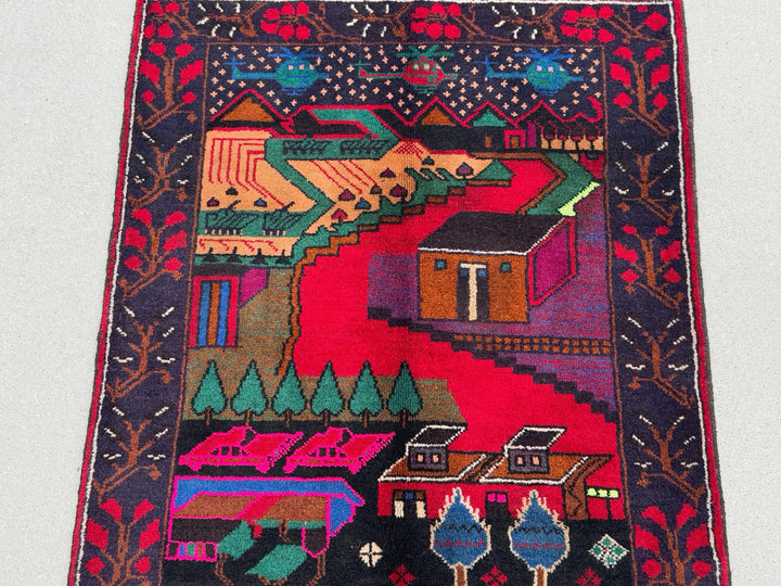 3x5 Handmade Vintage Afghan Baluch Rug | Midnight Royal Denim Blue Crimson Red Purple Forest Green Coral Saffron Orange Salmon Fuchsia Pink