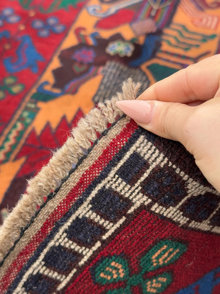 3x5 (91x152) Handmade Vintage Afghan Baluch Rug | Blood Crimson Red Saffron Peach Orange Forest Green Purple Cream Denim Royal Blue | Wool