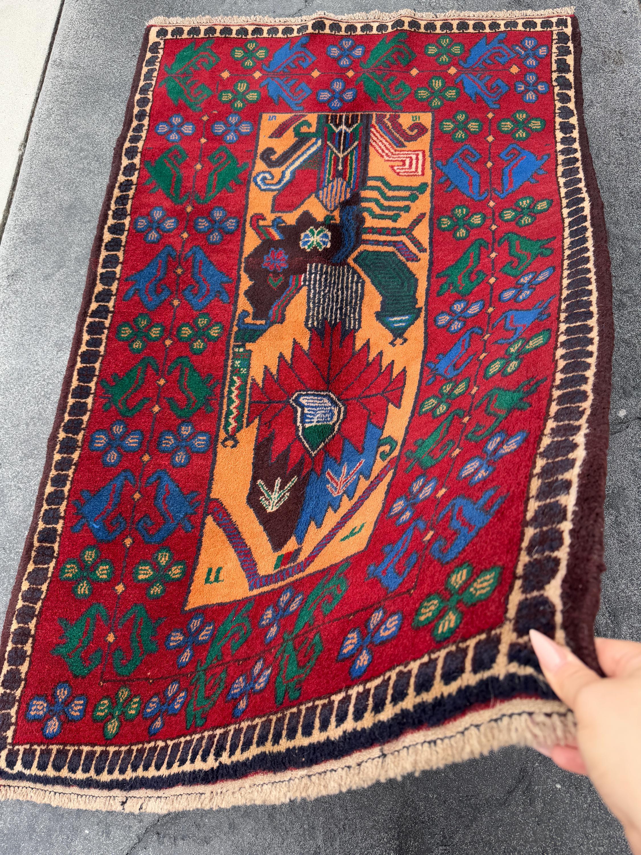 3x5 (91x152) Handmade Vintage Afghan Baluch Rug | Blood Crimson Red Saffron Peach Orange Forest Green Purple Cream Denim Royal Blue | Wool