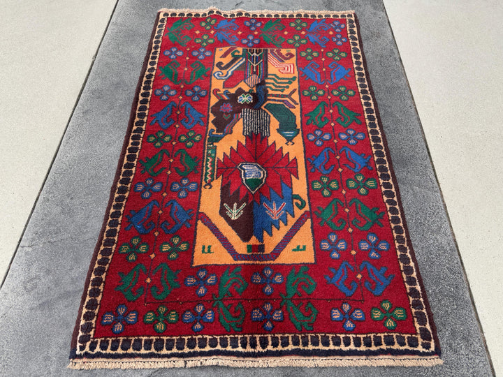 3x5 (91x152) Handmade Vintage Afghan Baluch Rug | Blood Crimson Red Saffron Peach Orange Forest Green Purple Cream Denim Royal Blue | Wool