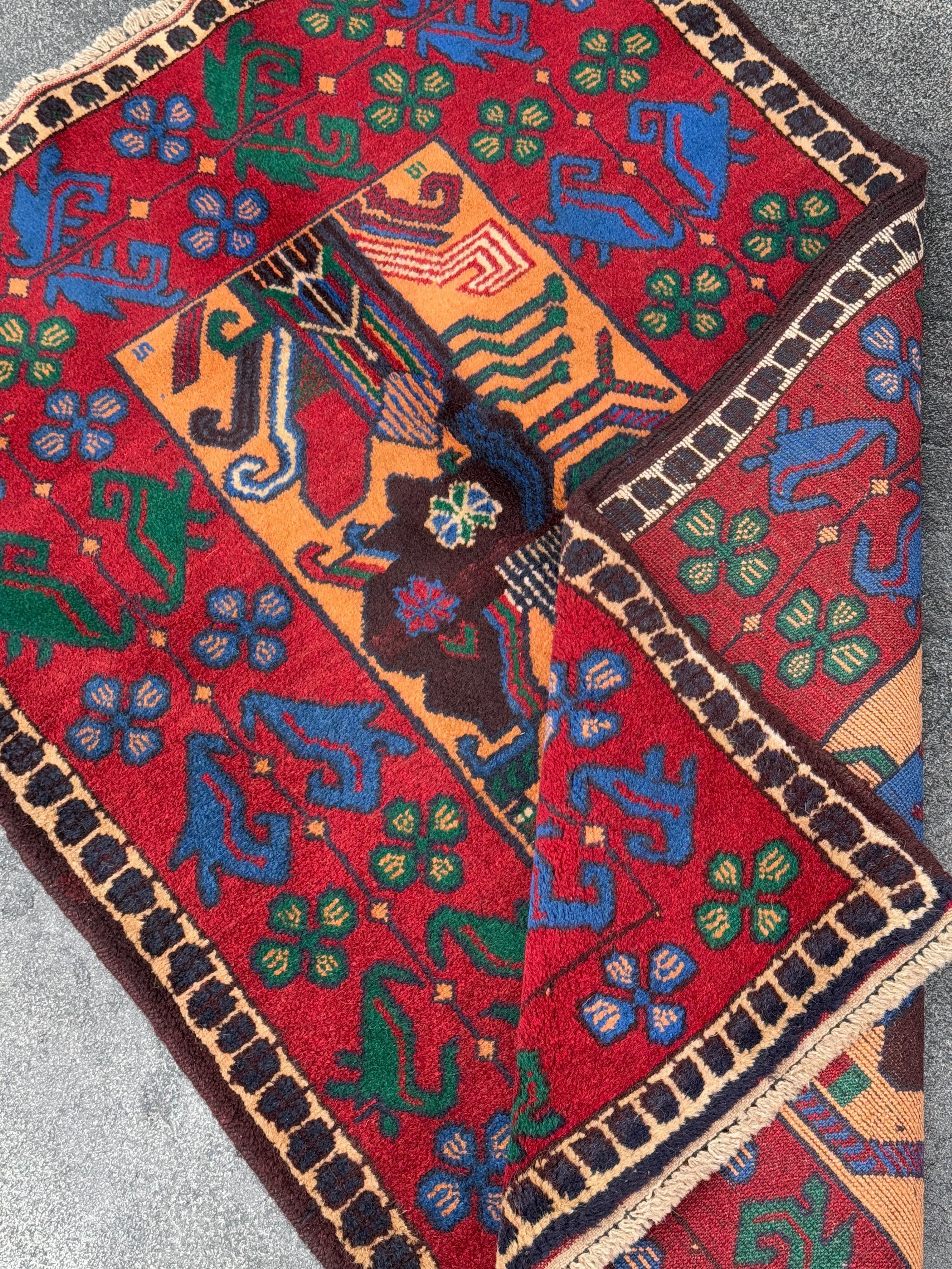 3x5 (91x152) Handmade Vintage Afghan Baluch Rug | Blood Crimson Red Saffron Peach Orange Forest Green Purple Cream Denim Royal Blue | Wool