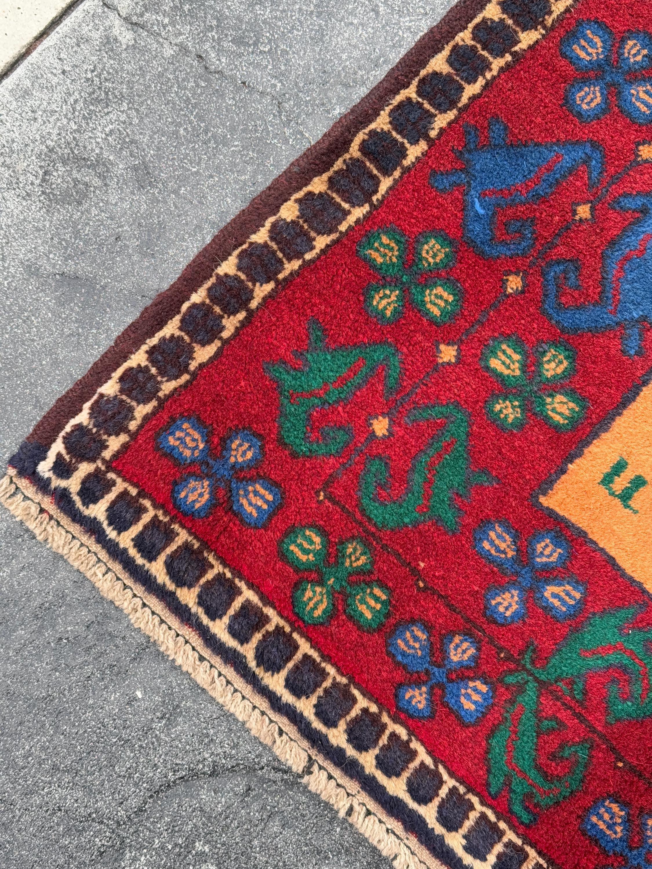 3x5 (91x152) Handmade Vintage Afghan Baluch Rug | Blood Crimson Red Saffron Peach Orange Forest Green Purple Cream Denim Royal Blue | Wool