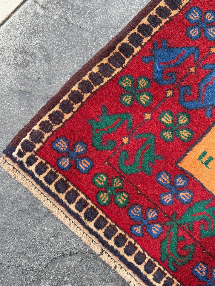 3x5 (91x152) Handmade Vintage Afghan Baluch Rug | Blood Crimson Red Saffron Peach Orange Forest Green Purple Cream Denim Royal Blue | Wool