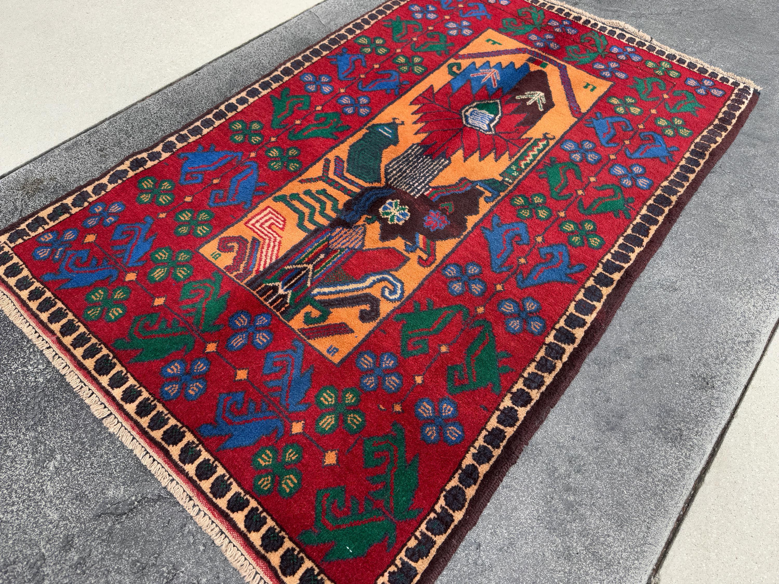 3x5 (91x152) Handmade Vintage Afghan Baluch Rug | Blood Crimson Red Saffron Peach Orange Forest Green Purple Cream Denim Royal Blue | Wool