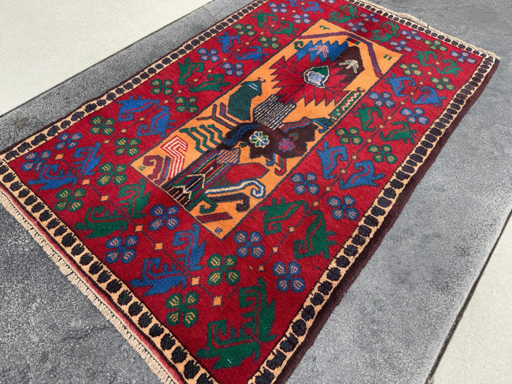 3x5 (91x152) Handmade Vintage Afghan Baluch Rug | Blood Crimson Red Saffron Peach Orange Forest Green Purple Cream Denim Royal Blue | Wool