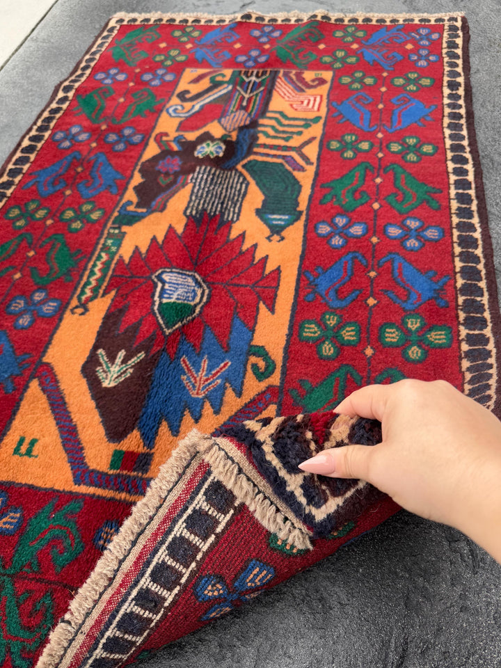 3x5 (91x152) Handmade Vintage Afghan Baluch Rug | Blood Crimson Red Saffron Peach Orange Forest Green Purple Cream Denim Royal Blue | Wool