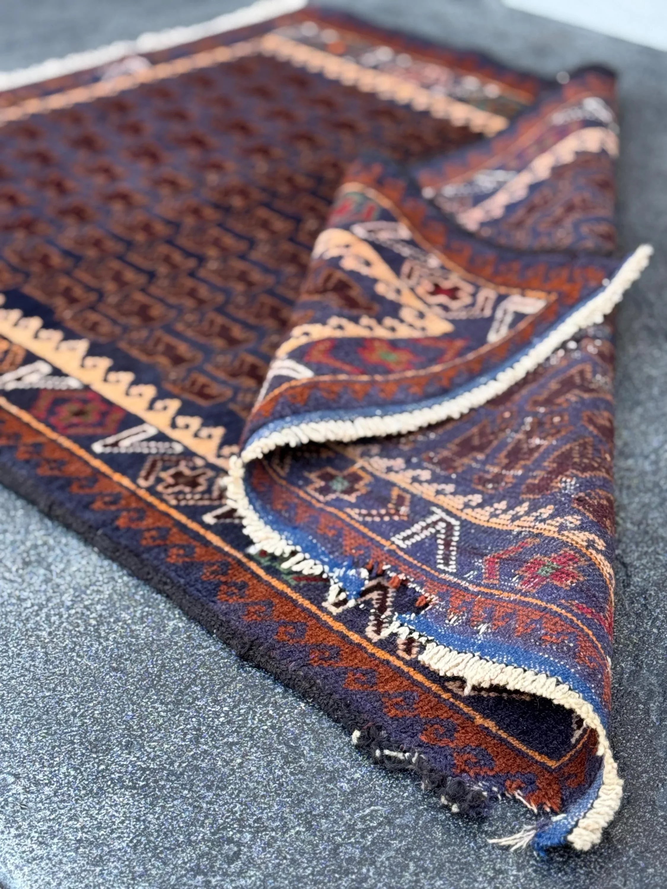 3x4-5 Handmade Vintage Afghan Baluch Rug | Midnight Navy Blue Coffee Caramel Chocolate Brown Cream Blood Red Green Burgundy White Gold Wool