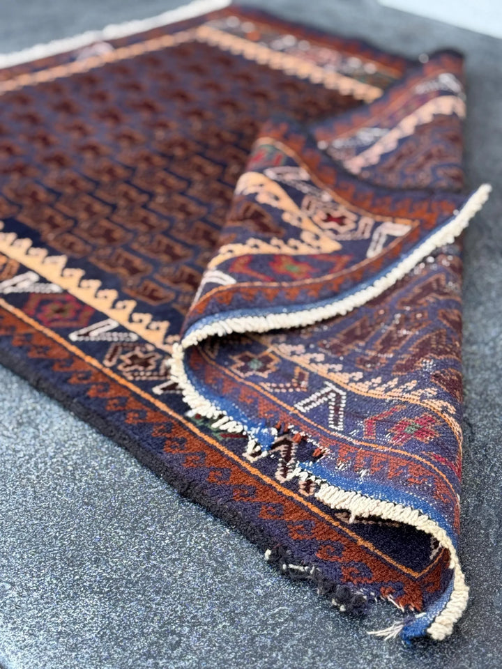 3x4-5 Handmade Vintage Afghan Baluch Rug | Midnight Navy Blue Coffee Caramel Chocolate Brown Cream Blood Red Green Burgundy White Gold Wool