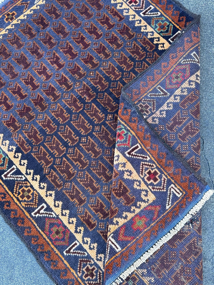 3x4-5 Handmade Vintage Afghan Baluch Rug | Midnight Navy Blue Coffee Caramel Chocolate Brown Cream Blood Red Green Burgundy White Gold Wool