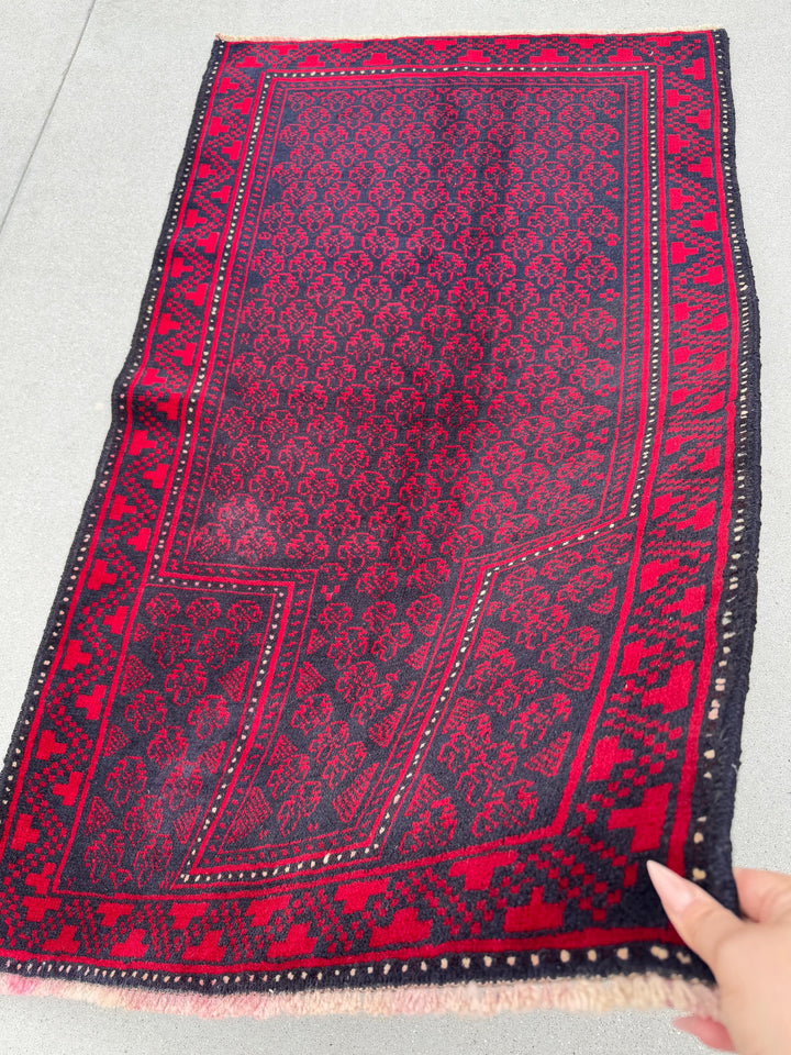 3x5 (91x152) Handmade Vintage Afghan Baluch Rug | Crimson Red Midnight Blue Black Cream White Ivory | Wool Geometric Traditional Persian