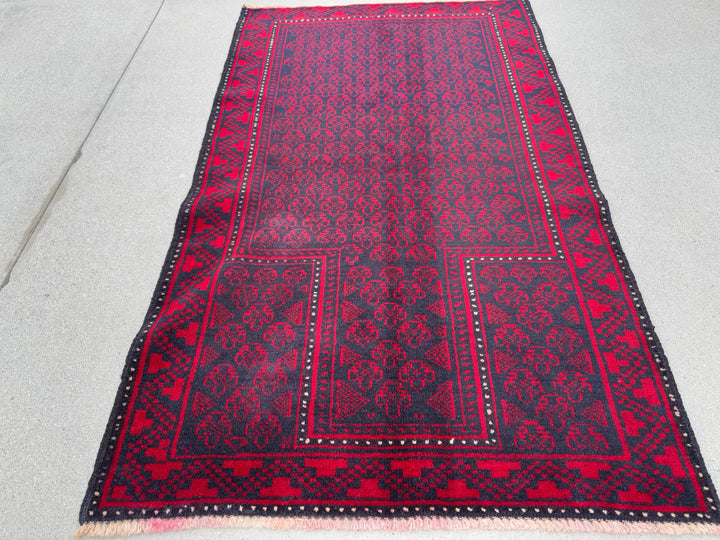 3x5 (91x152) Handmade Vintage Afghan Baluch Rug | Crimson Red Midnight Blue Black Cream White Ivory | Wool Geometric Traditional Persian