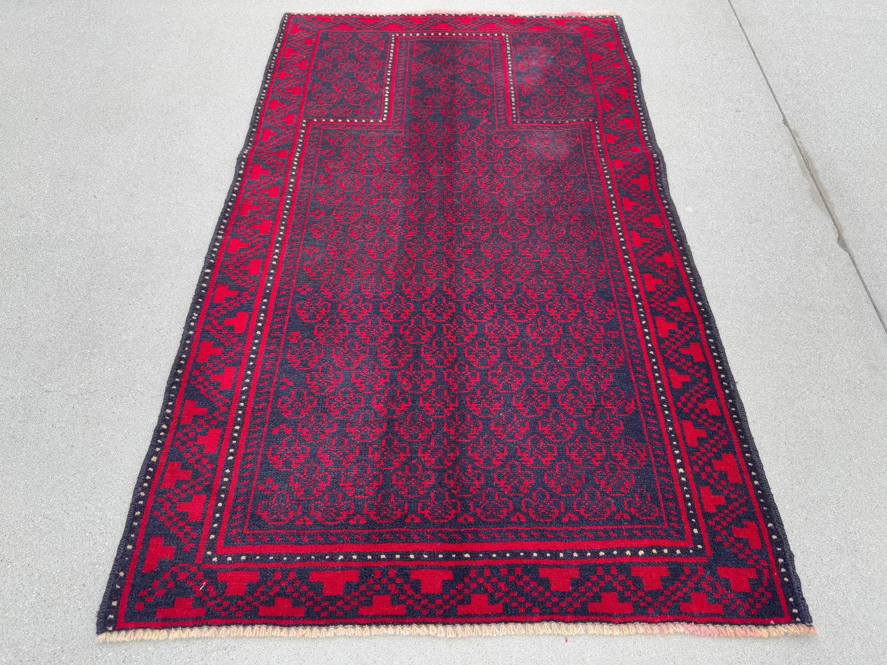 3x5 (91x152) Handmade Vintage Afghan Baluch Rug | Crimson Red Midnight Blue Black Cream White Ivory | Wool Geometric Traditional Persian