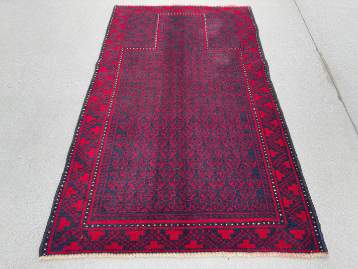 3x5 (91x152) Handmade Vintage Afghan Baluch Rug | Crimson Red Midnight Blue Black Cream White Ivory | Wool Geometric Traditional Persian